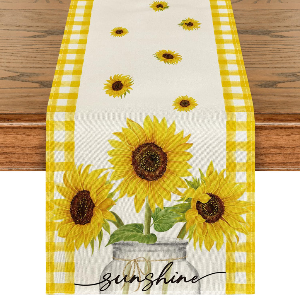 Artoid Mode Yellow Buffalo Plaid Sunflower Sunshine Vase Summer Table Runner Spring Kitchen Dining Table Decoration for Home Party Decor 13x72 Inch