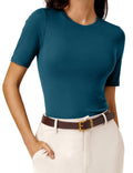 Amoretu Women Shorts Sleeve Basic Shirts Summer Fashion Ribbed Slim Fit Tops Tees Teal S