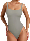 REORIA Women’s Summer Fashion Sexy Square Neck Sleeveless Backless Double Lined Seamless Trendy Going Out Thong Tank Bodysuits Tops Antique Pewter Large