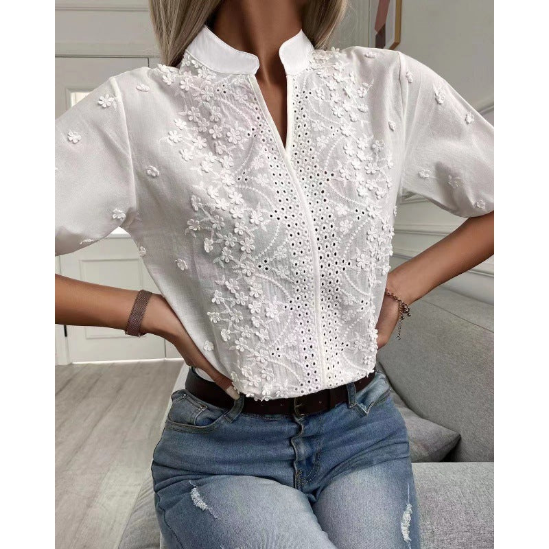 2023 Summer Fashion Embroidered Short Sleeve Top