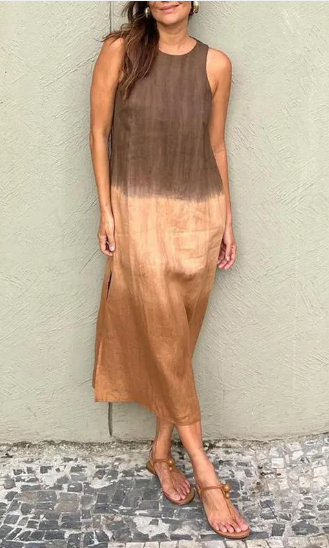 Summer Fashion Round Neck Sleeveless Color Matching Tencel Dress