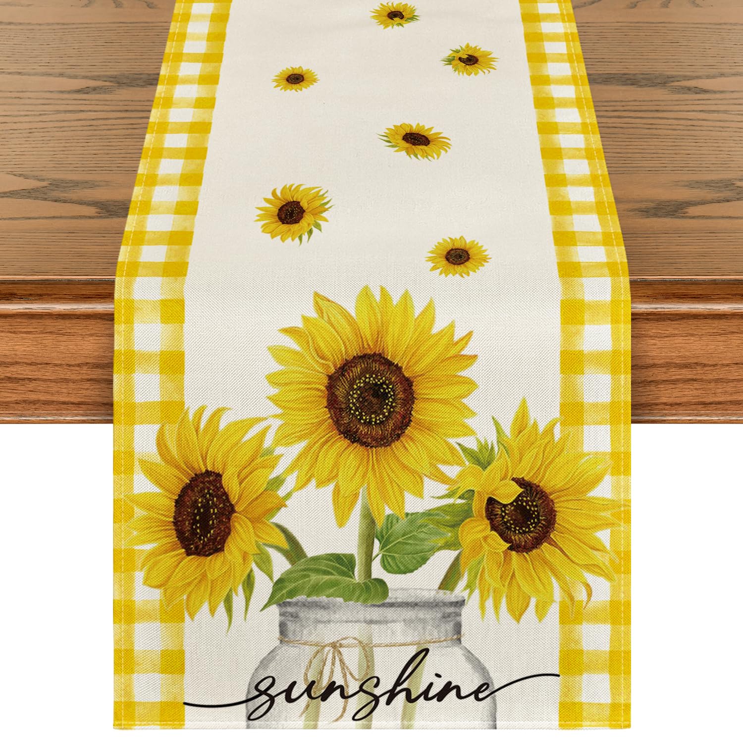 Artoid Mode Yellow Buffalo Plaid Sunflower Sunshine Vase Summer Table Runner Spring Kitchen Dining Table Decoration for Home Party Decor 13x72 Inch