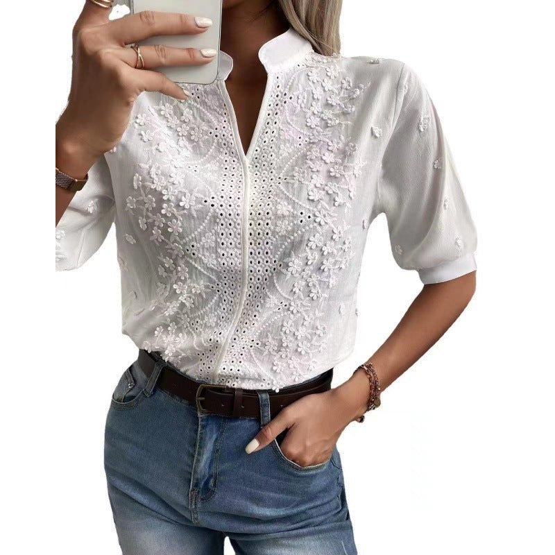 2023 Summer Fashion Embroidered Short Sleeve Top