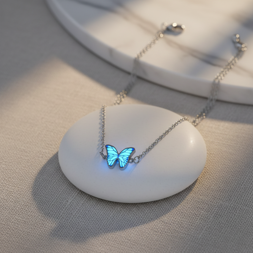 Blue Luminous Smart Butterfly Necklace in elegant setting