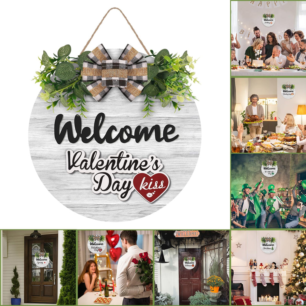 Interchangeable Wooden Seasonal Welcome Sign Rustic Round Welcome Front Door Wreaths for Home/Wall/Porch Decor for Easter Spring Summer Fall Halloween Christmas All Season Decorations.